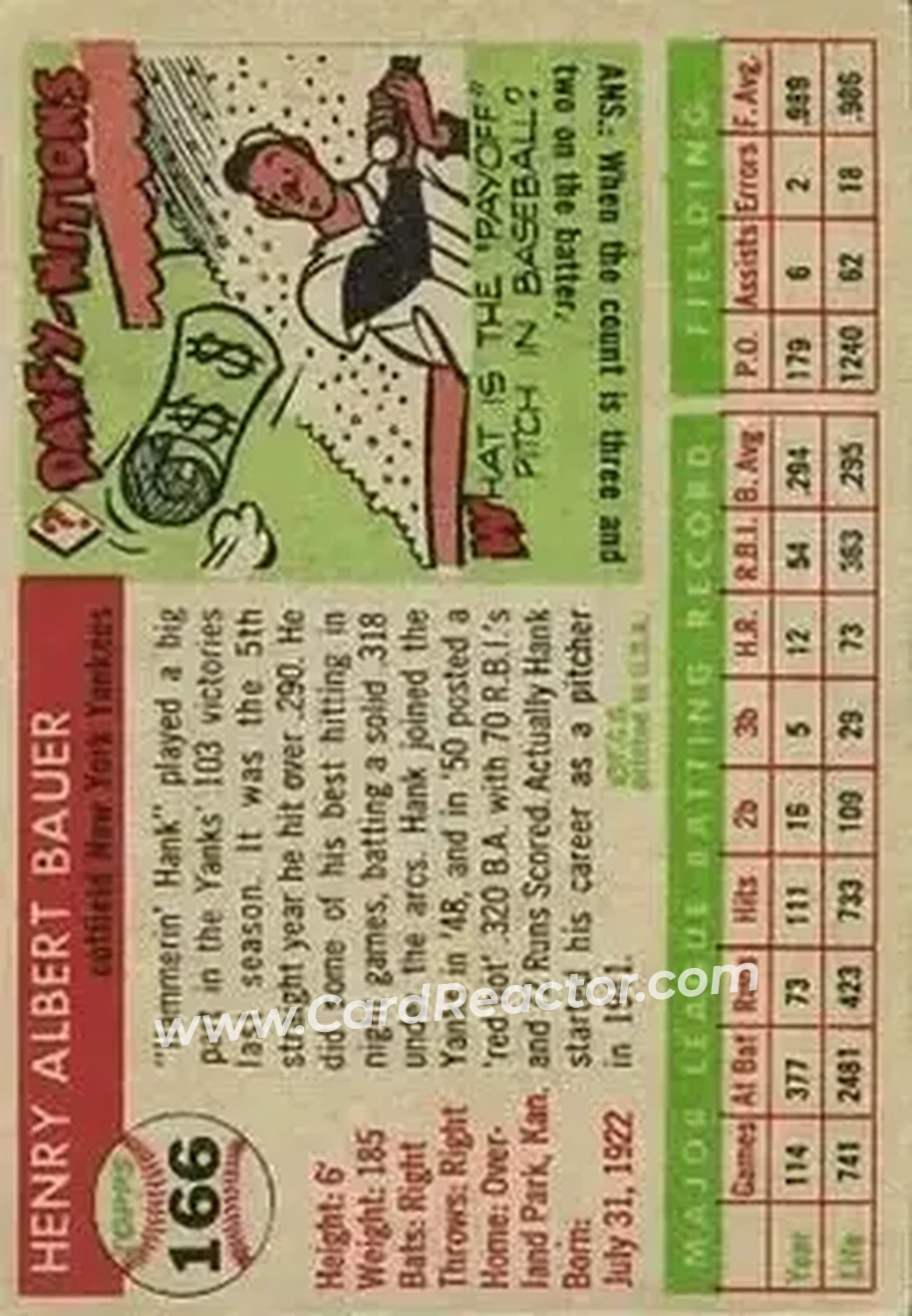 1955 Topps #166 - Hank Bauer - New York Yankees - Back 1955 Topps #166 - Hank Bauer - New York Yankees - Back