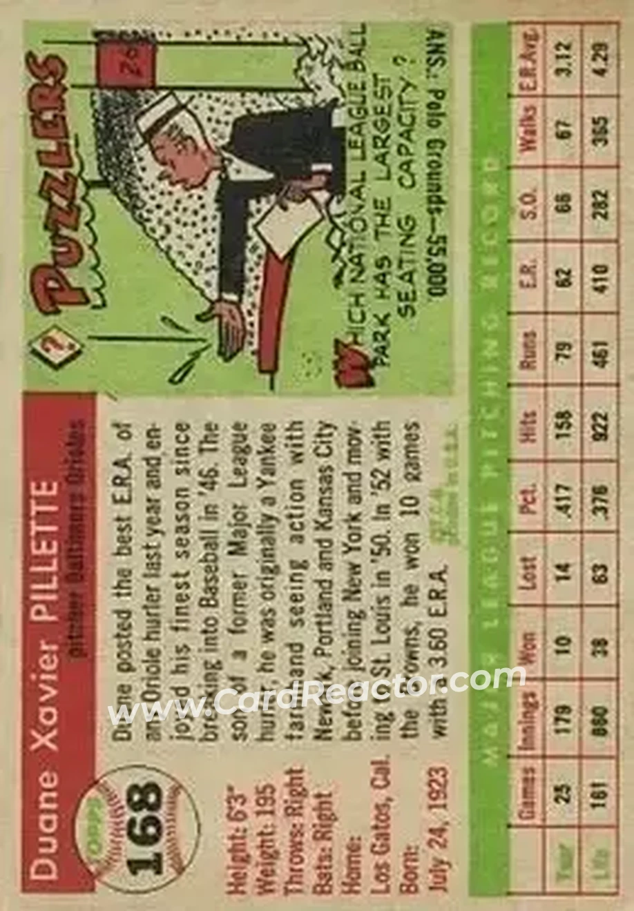 1955 Topps #168 - Duane Pillette - Baltimore Orioles - Back