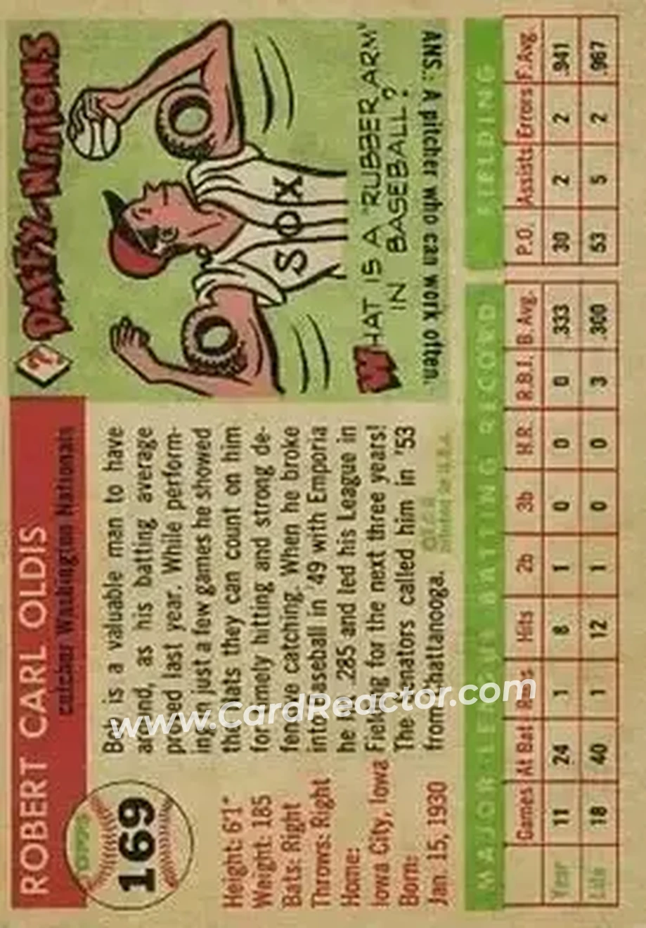 1955 Topps #169 - Bob Oldis - Washington Senators - Back