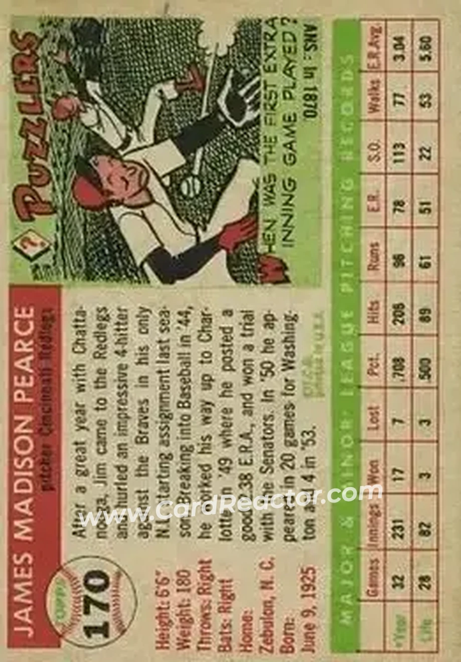 1955 Topps #170 - Jim Pearce - Cincinnati Redlegs - Back