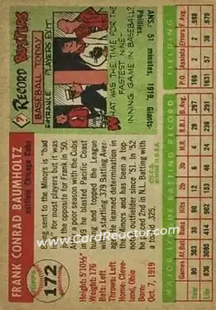 1955 Topps #172 - Frank Baumholtz - Chicago Cubs - Back