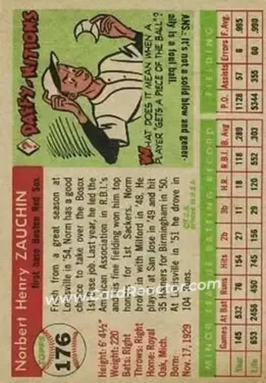 1955 Topps #176 - Norm Zauchin - Boston Red Sox - Back
