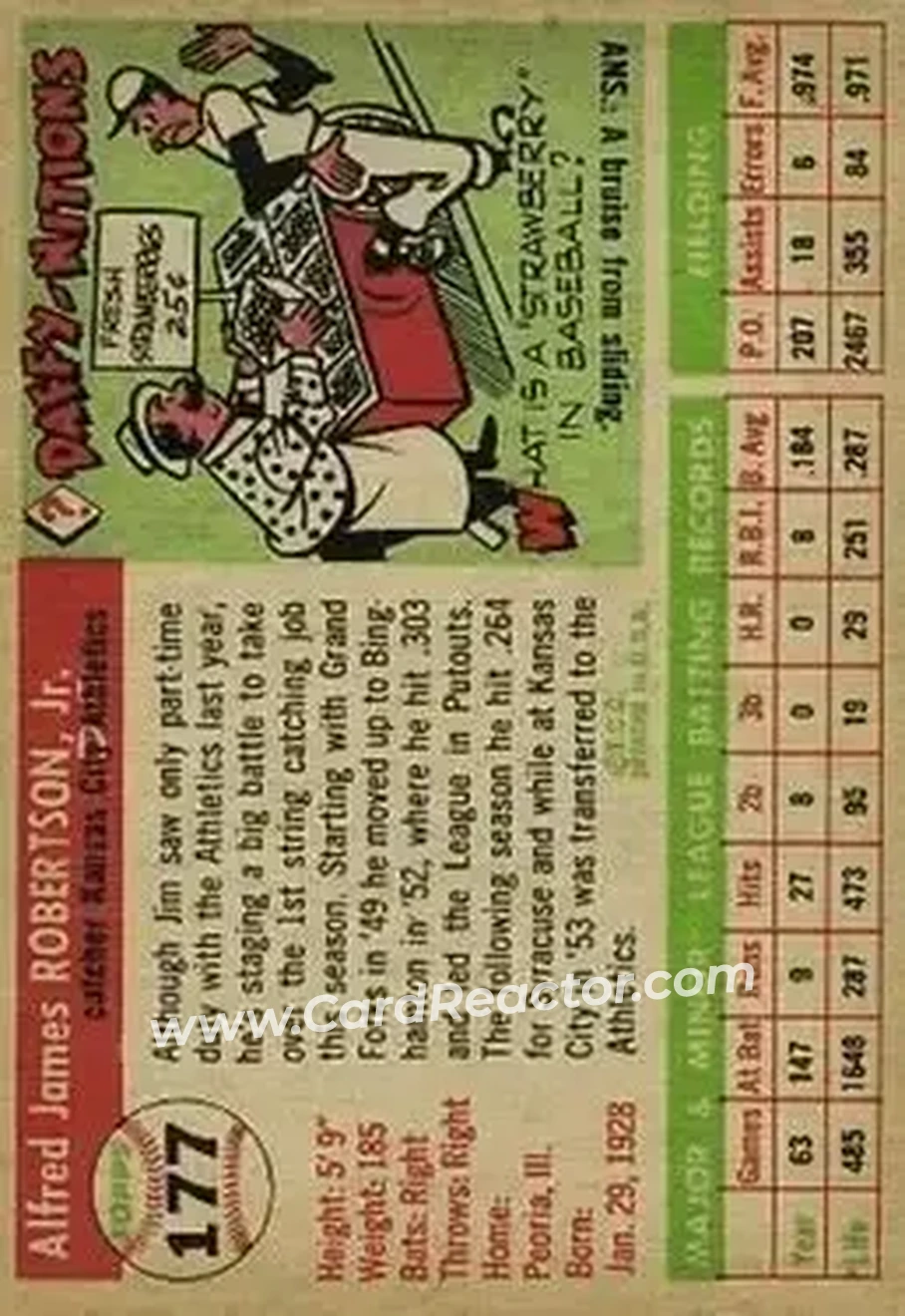 1955 Topps #177 - Jim Robertson - Kansas City Athletics - Back