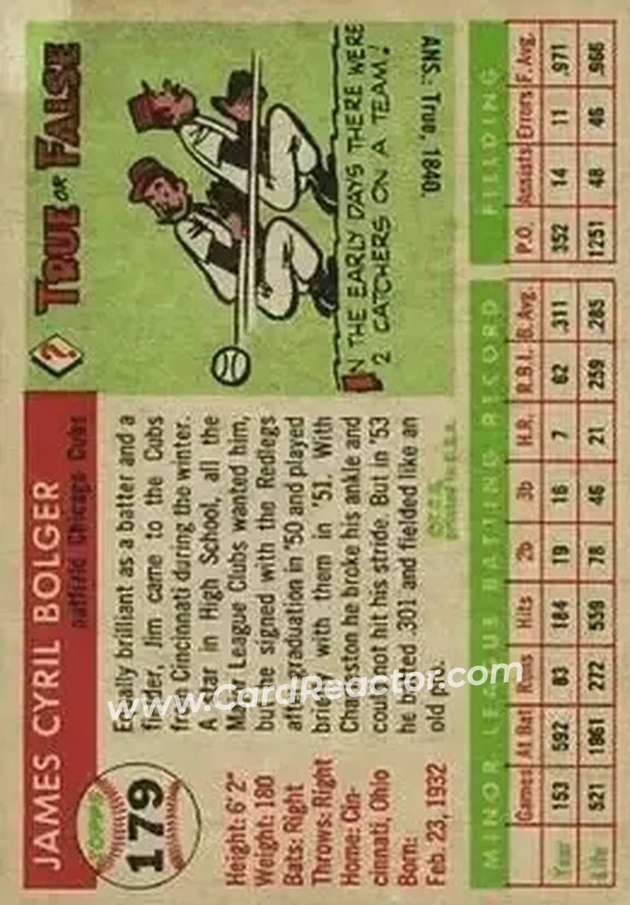 1955 Topps #179 - Jim Bolger - Chicago Cubs - Back 1955 Topps #179 - Jim Bolger - Chicago Cubs - Back