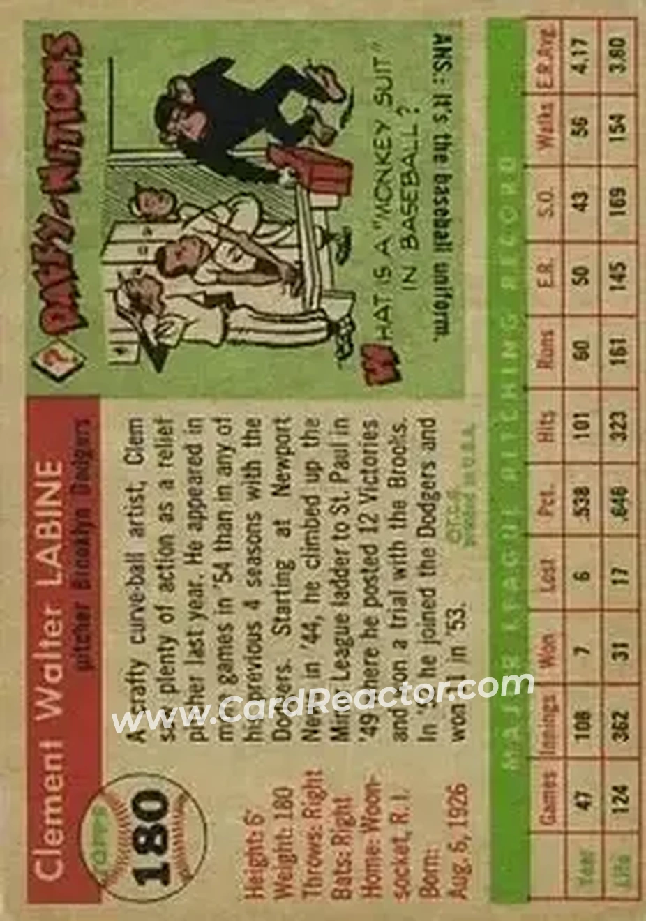 1955 Topps #180 - Clem Labine - Brooklyn Dodgers - Back