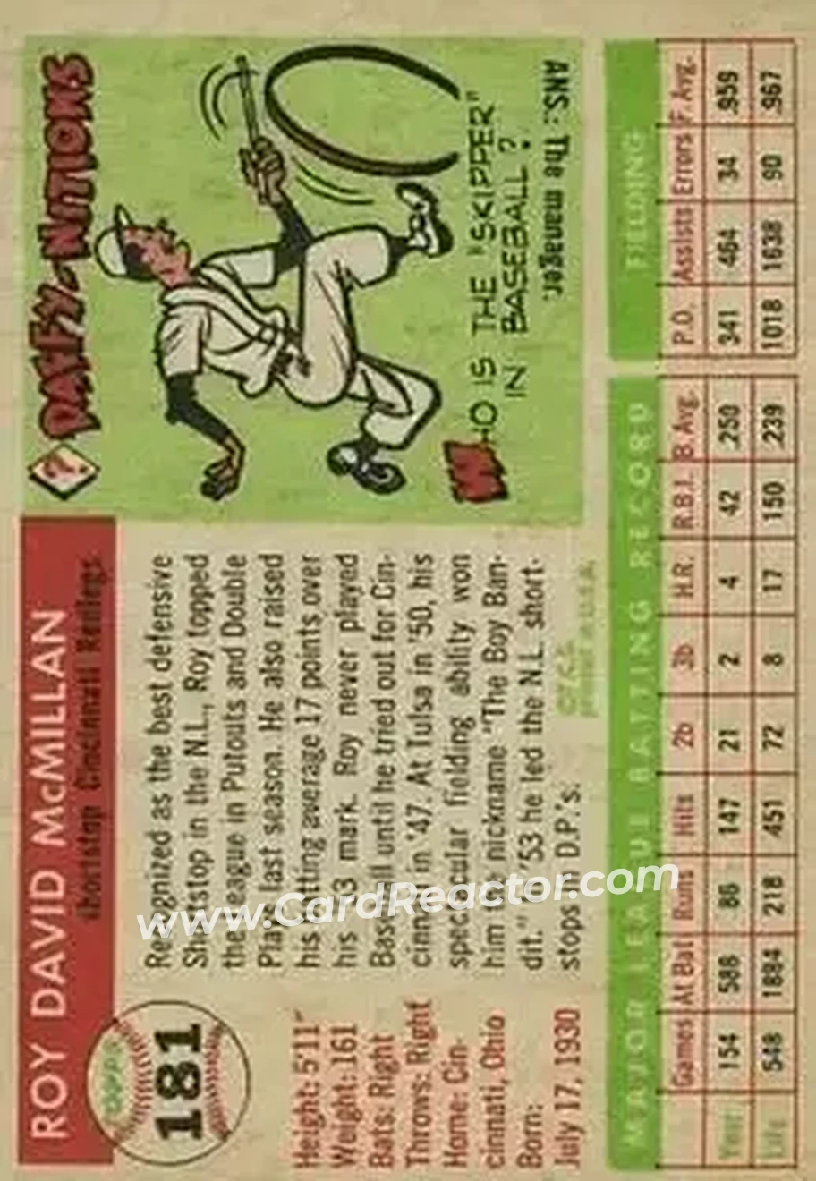 1955 Topps #181 - Roy McMillan - Cincinnati Redlegs - Back 1955 Topps #181 - Roy McMillan - Cincinnati Redlegs - Back