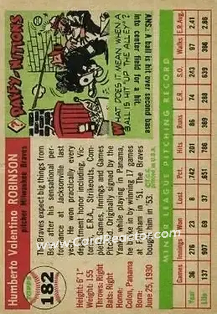 1955 Topps #182 - Humberto Robinson - Milwaukee Braves - Back