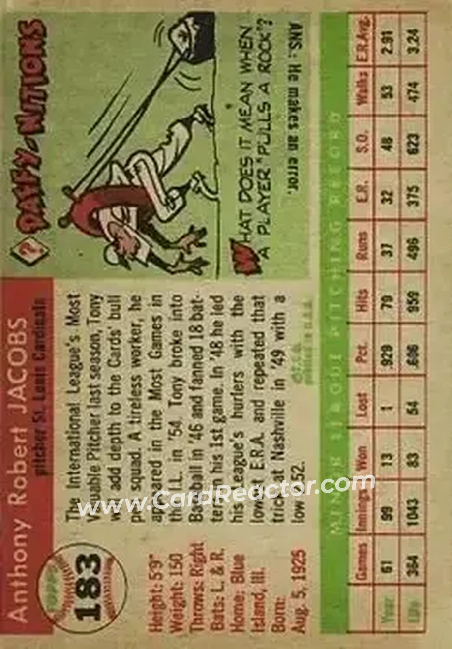 1955 Topps #183 - Tony Jacobs - St. Louis Cardinals - Back