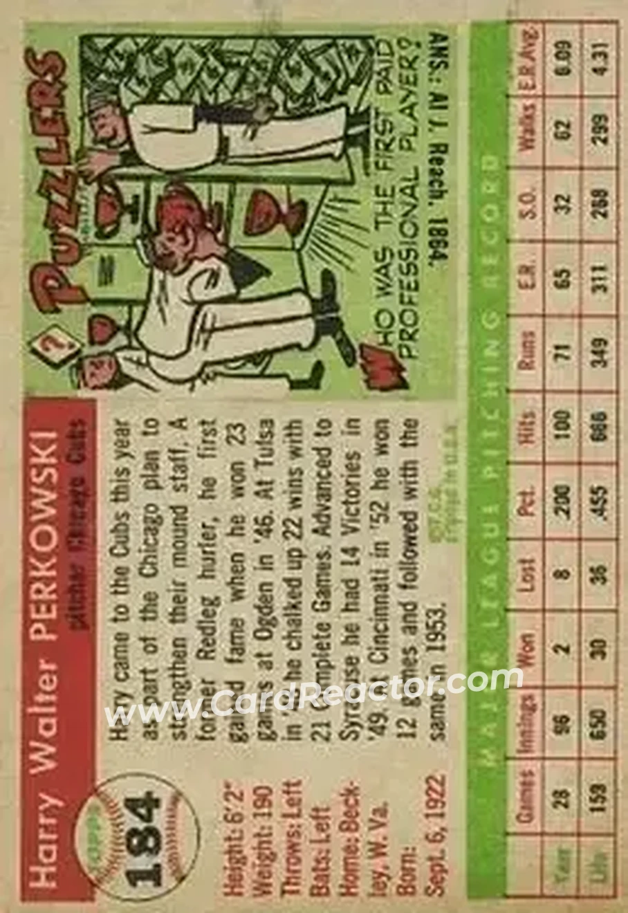 1955 Topps #184 - Harry Perkowski - Chicago Cubs - Back