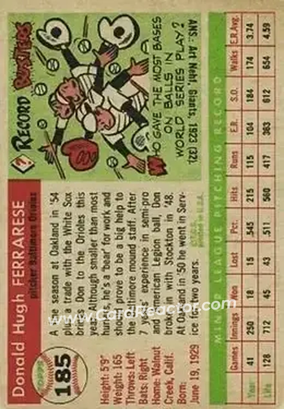 1955 Topps #185 - Don Ferrarese - Baltimore Orioles - Back 1955 Topps #185 - Don Ferrarese - Baltimore Orioles - Back