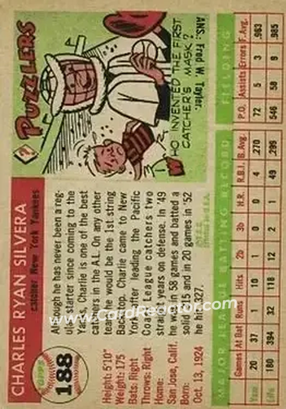 1955 Topps #188 - Charlie Silvera - New York Yankees - Back 1955 Topps #188 - Charlie Silvera - New York Yankees - Back