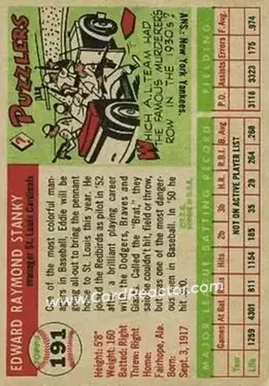 1955 Topps #191 - Ed Stanky - St. Louis Cardinals - Back