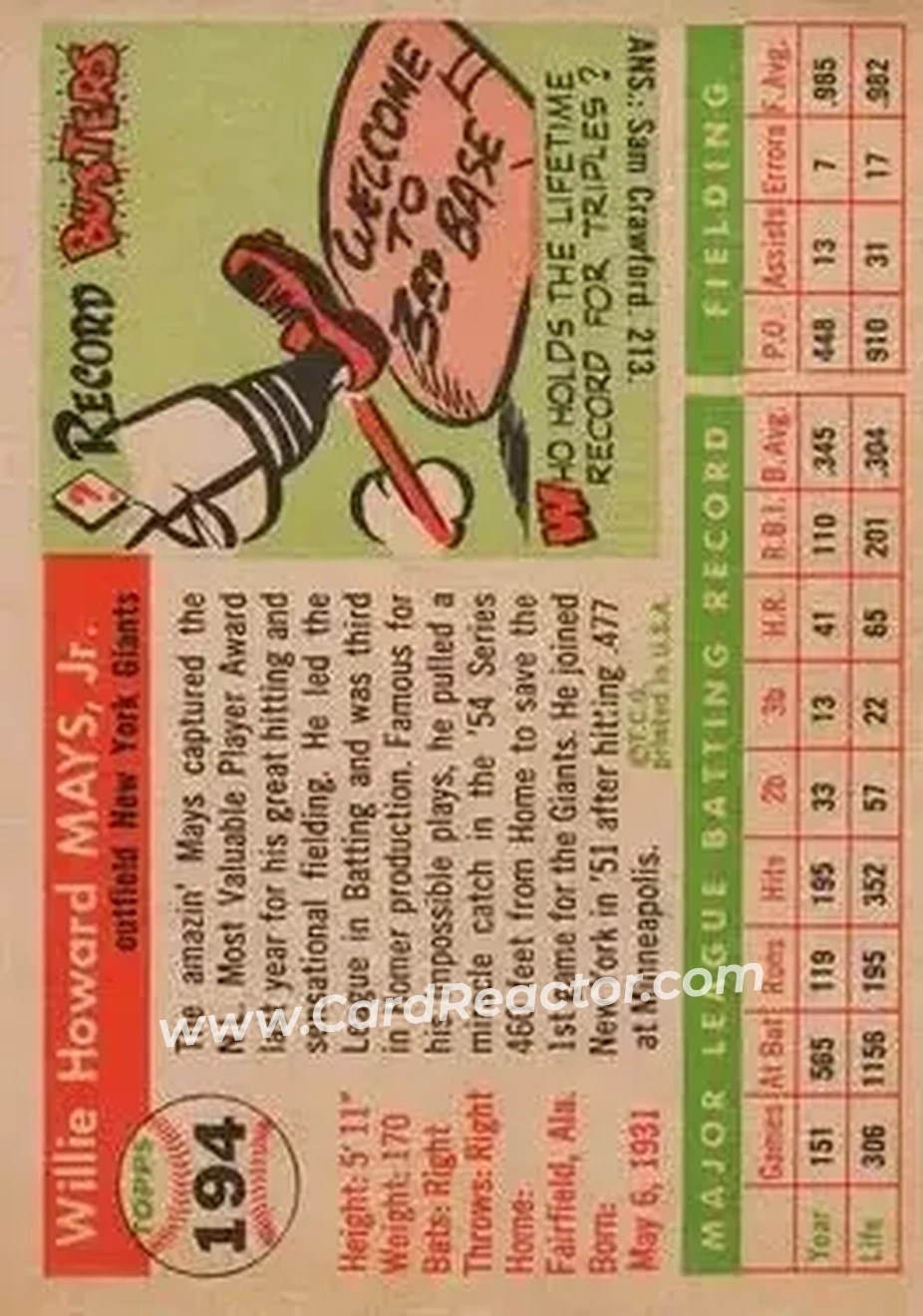 1955 Topps #194 - Willie Mays - New York Giants - Back 1955 Topps #194 - Willie Mays - New York Giants - Back