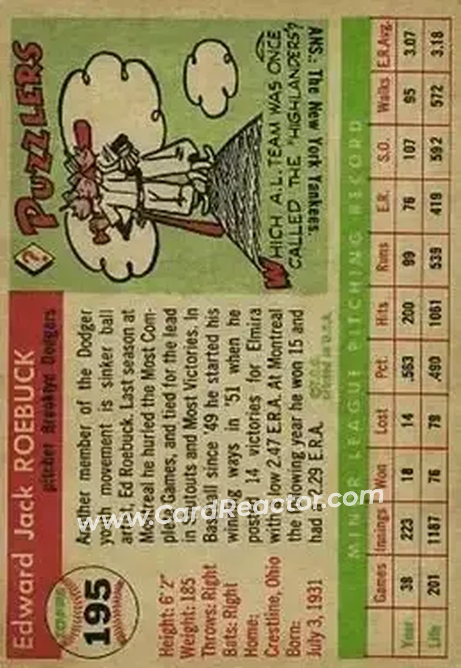 1955 Topps #195 - Ed Roebuck - Brooklyn Dodgers - Back 1955 Topps #195 - Ed Roebuck - Brooklyn Dodgers - Back