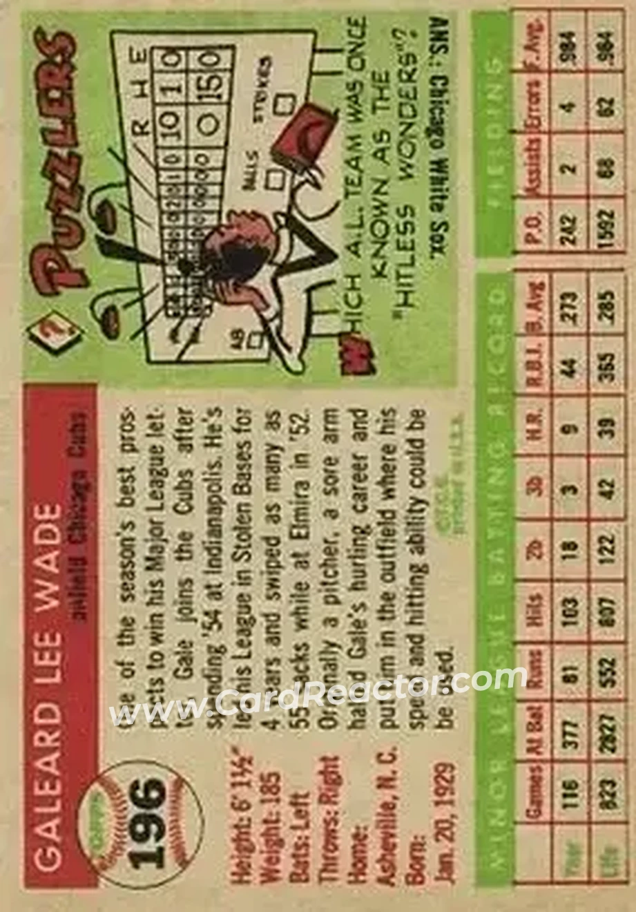 1955 Topps #196 - Gale Wade - Chicago Cubs - Back