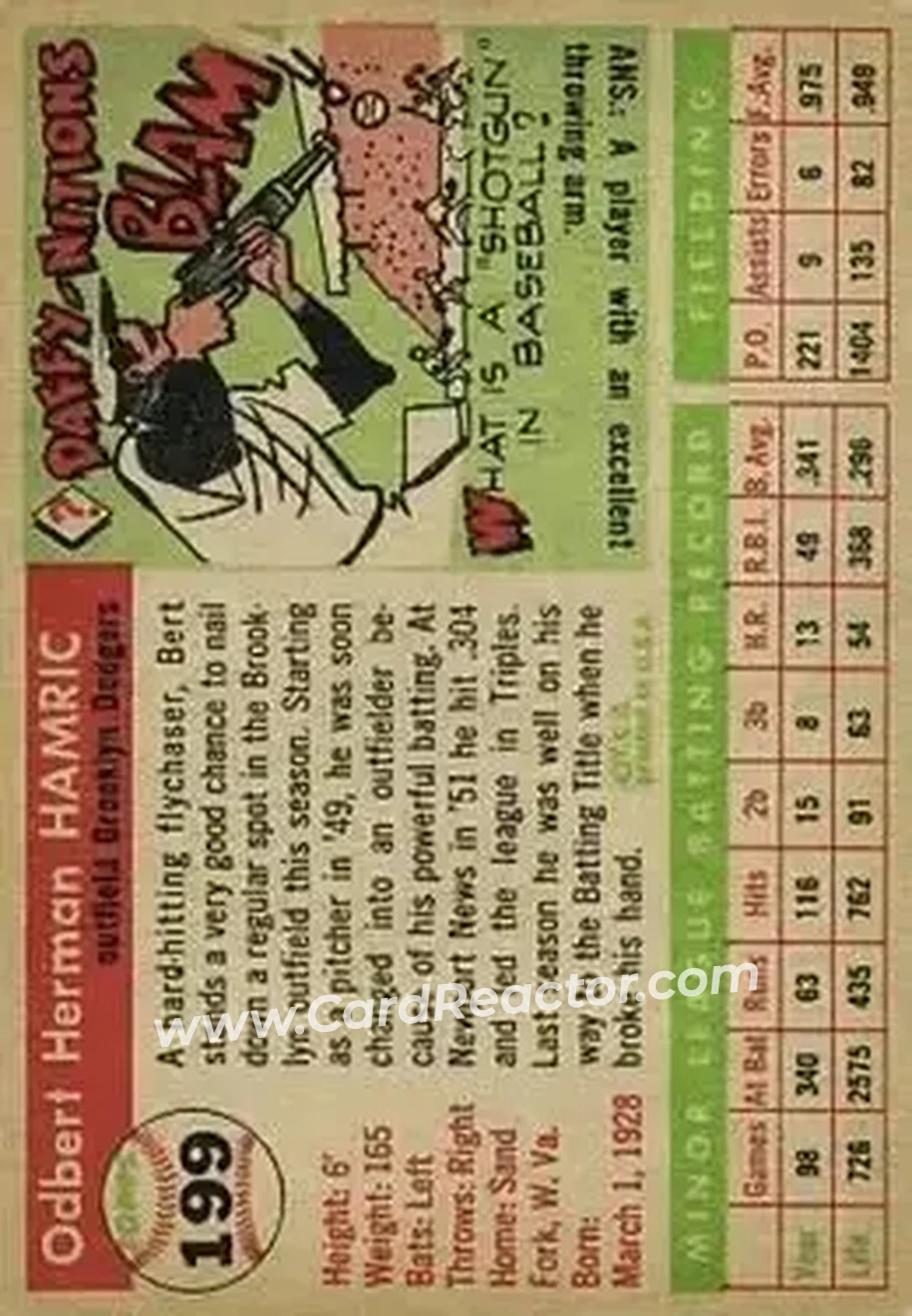 1955 Topps #199 - Bert Hamric - Brooklyn Dodgers - Back 1955 Topps #199 - Bert Hamric - Brooklyn Dodgers - Back