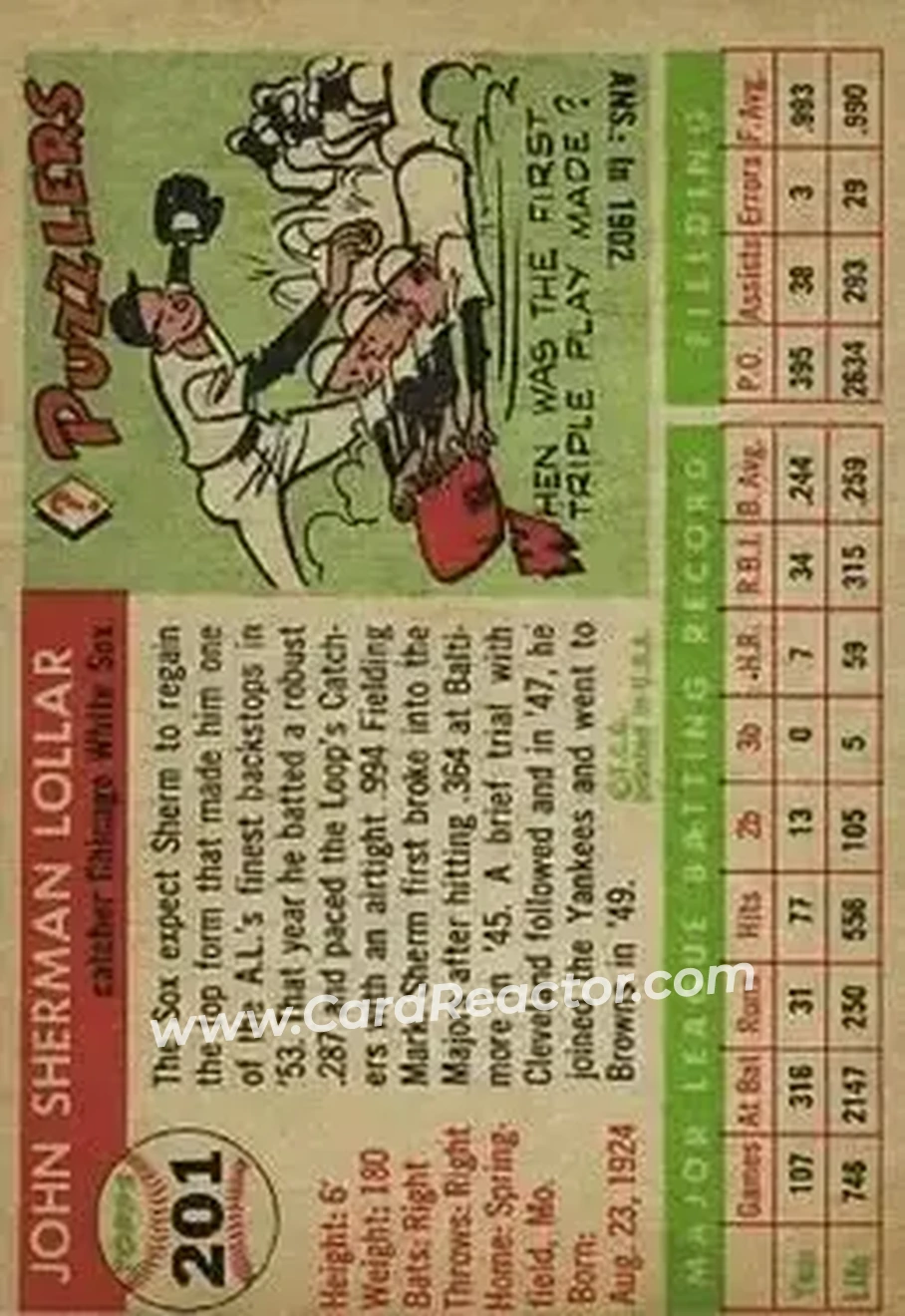 1955 Topps #201 - Sherman Lollar - Chicago White Sox - Back