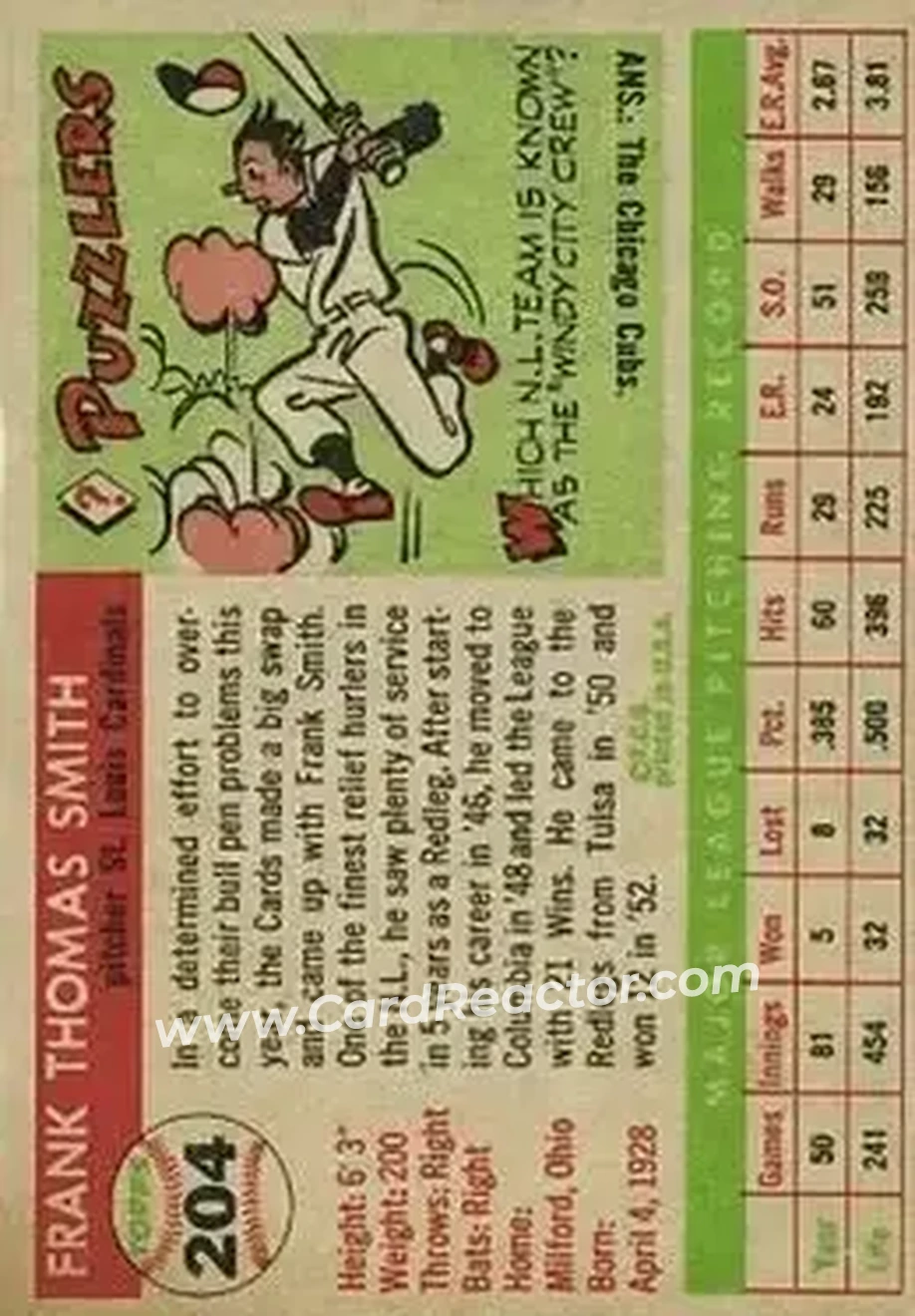 1955 Topps #204 - Frank Smith - St. Louis Cardinals - Back