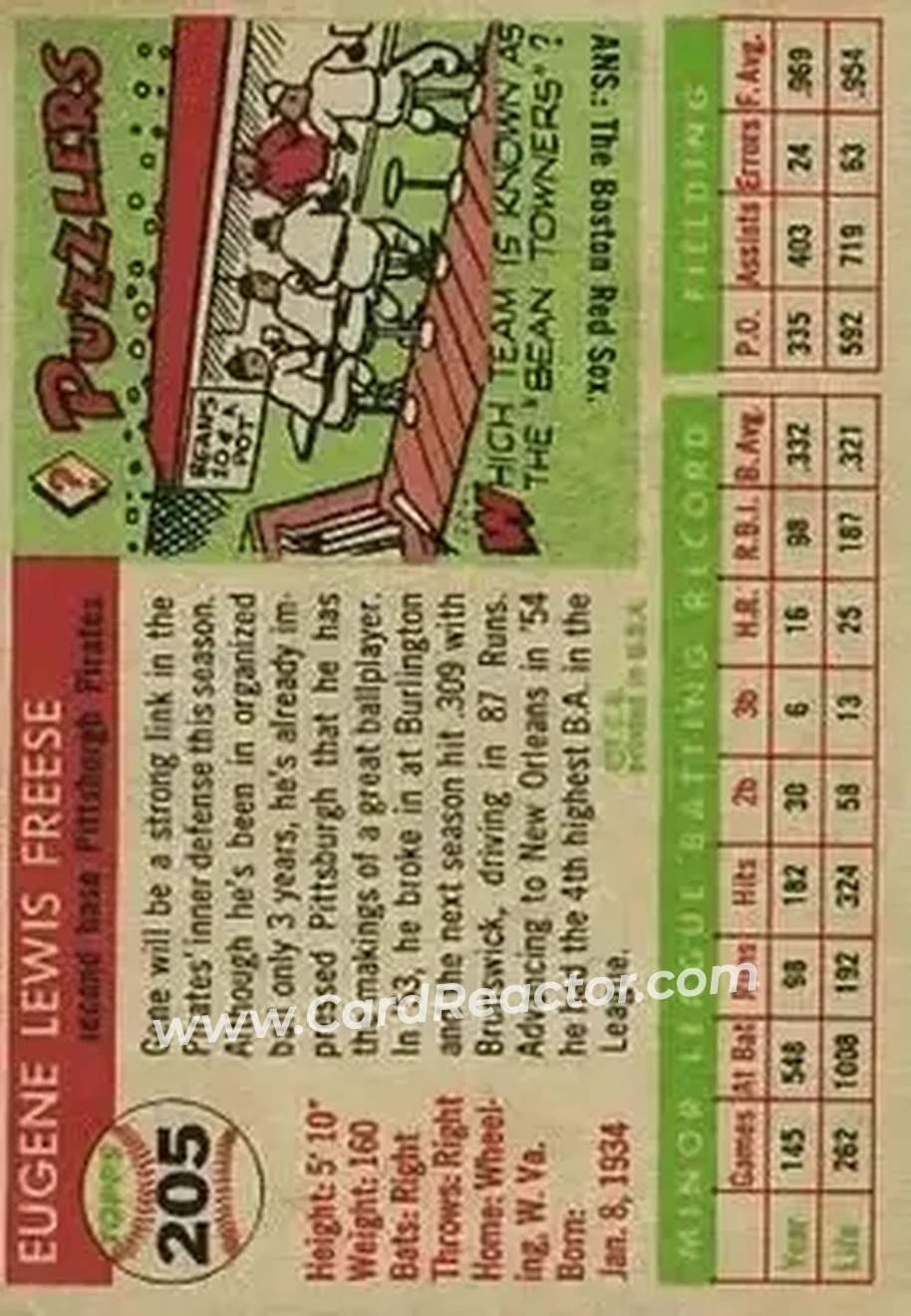 1955 Topps #205 - Gene Freese - Pittsburgh Pirates - Back