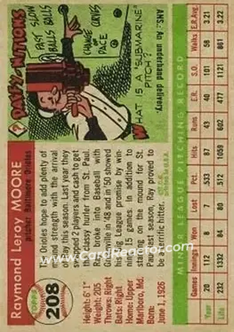 1955 Topps #208 - Ray Moore - Baltimore Orioles - Back