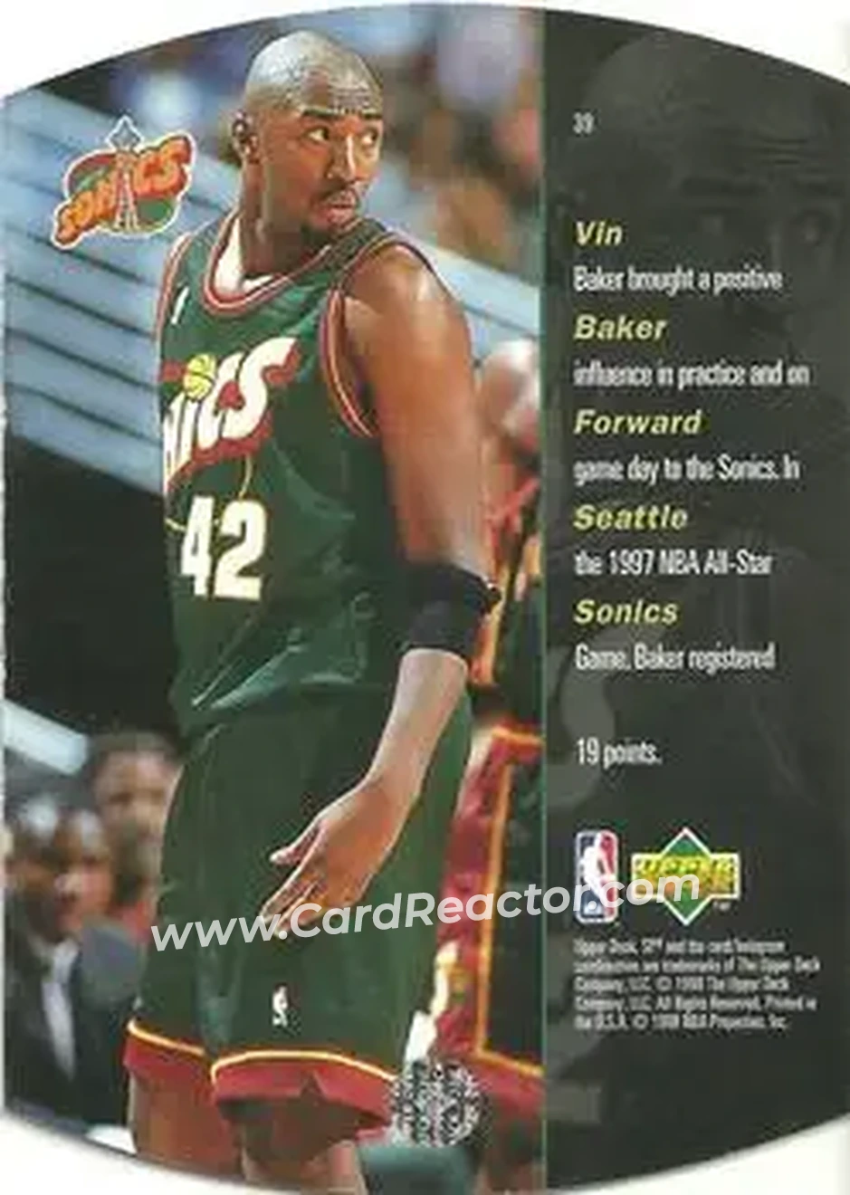 1997-98 SPx Basketball - Bronze #39 - Vin Baker - Seattle SuperSonics - Back