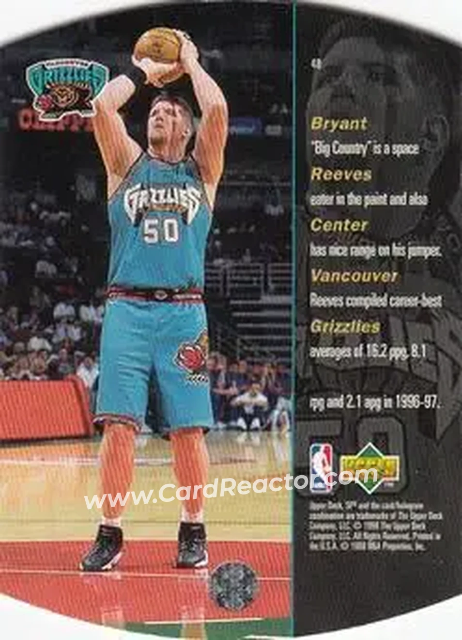 1997-98 SPx Basketball - Bronze #48 - Bryant Reeves - Vancouver Grizzlies - Back