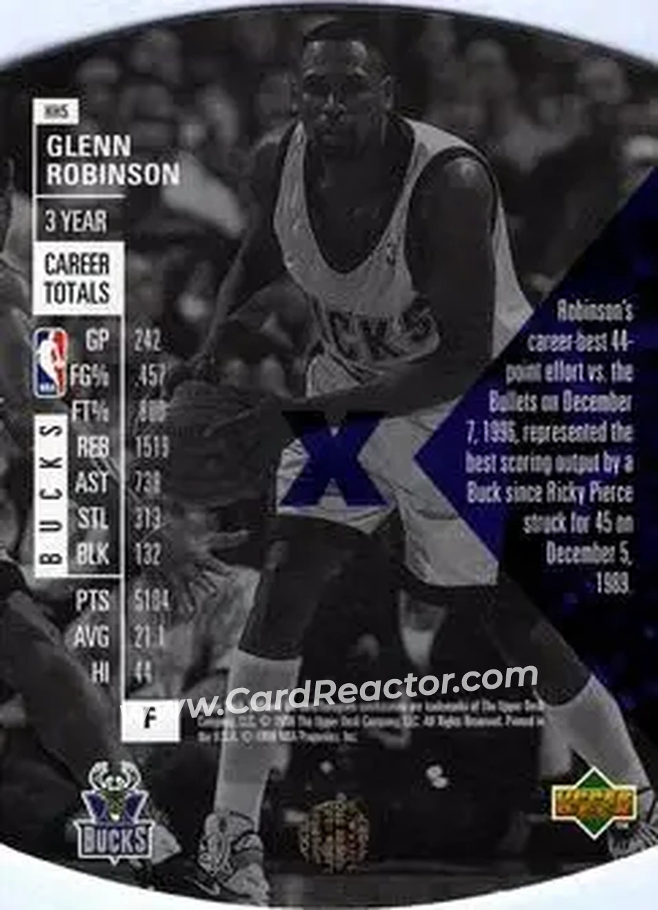 1997-98 SPx Basketball - Hardcourt Holoview #HH5 - Glenn Robinson - Milwaukee Bucks - Back