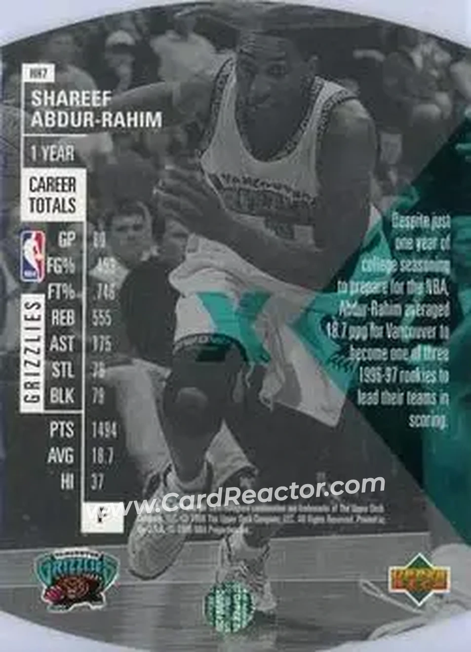 1997-98 SPx Basketball - Hardcourt Holoview #HH7 - Shareef Abdur-Rahim - Vancouver Grizzlies - Back