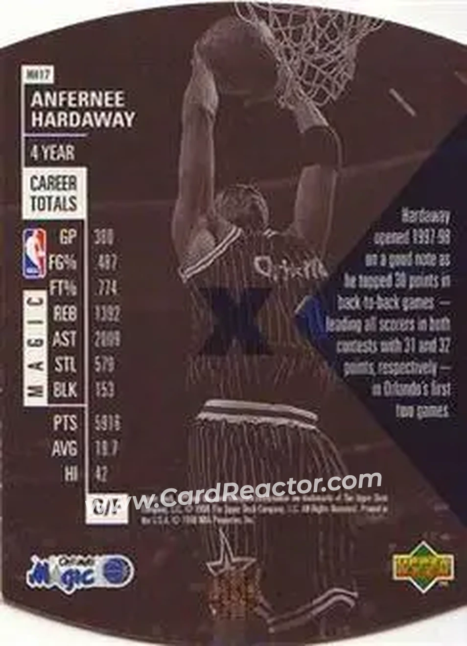 1997-98 SPx Basketball - Hardcourt Holoview #HH17 - Anfernee Hardaway - Orlando Magic - Back