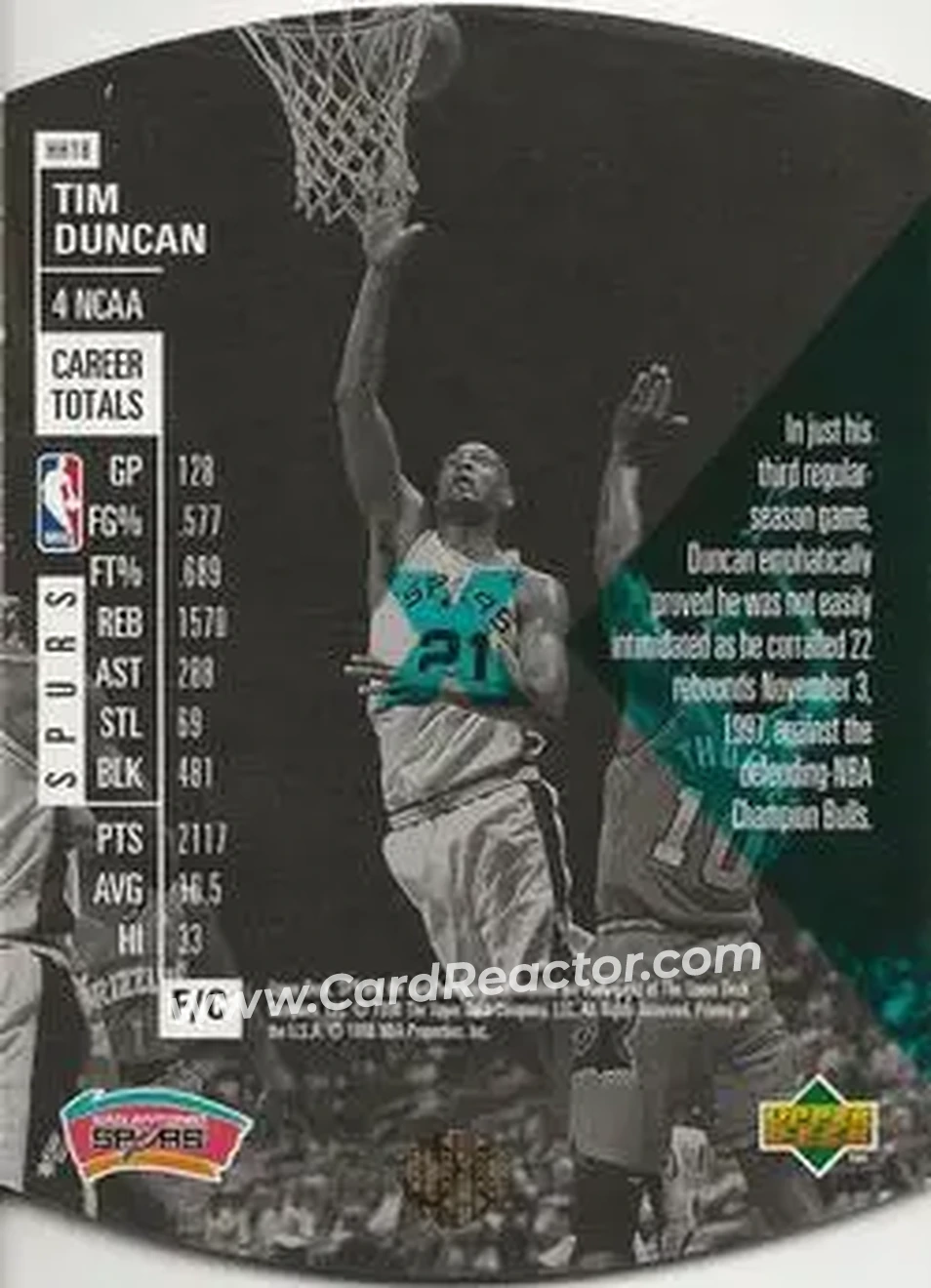 1997-98 SPx Basketball - Hardcourt Holoview #HH18 - Tim Duncan - San Antonio Spurs - Back