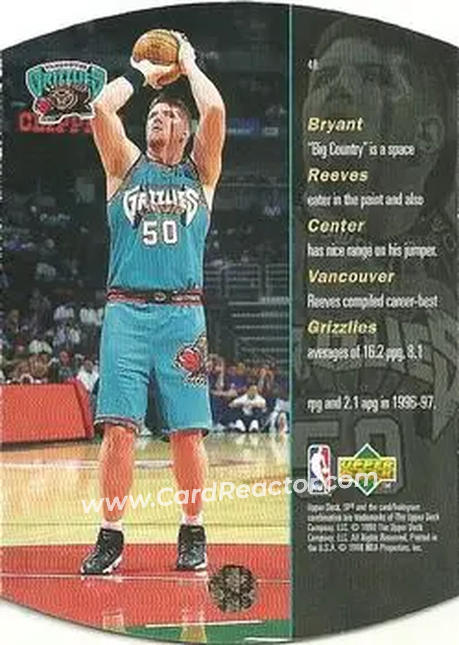1997-98 SPx Basketball #48 - Bryant Reeves - Vancouver Grizzlies - Back