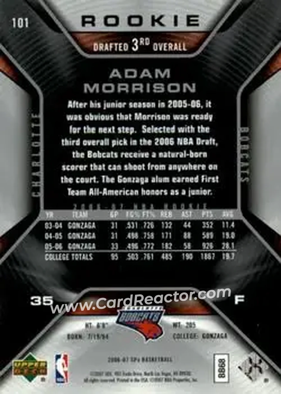 2006-07 SPx #101 - Adam Morrison - Charlotte Bobcats - Back