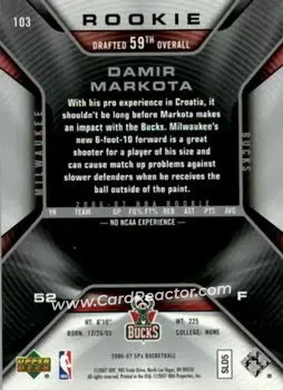 2006-07 SPx #103 - Damir Markota - Milwaukee Bucks - Back