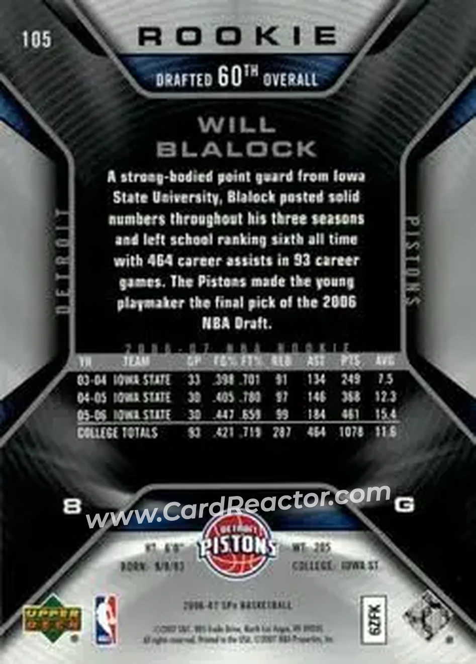 2006-07 SPx #105 - Will Blalock - Detroit Pistons - Back