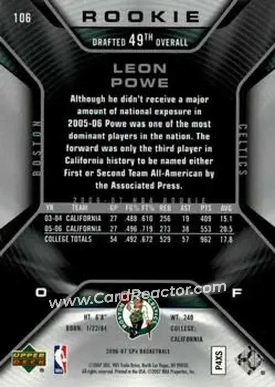 2006-07 SPx #106 - Leon Powe - Boston Celtics - Back
