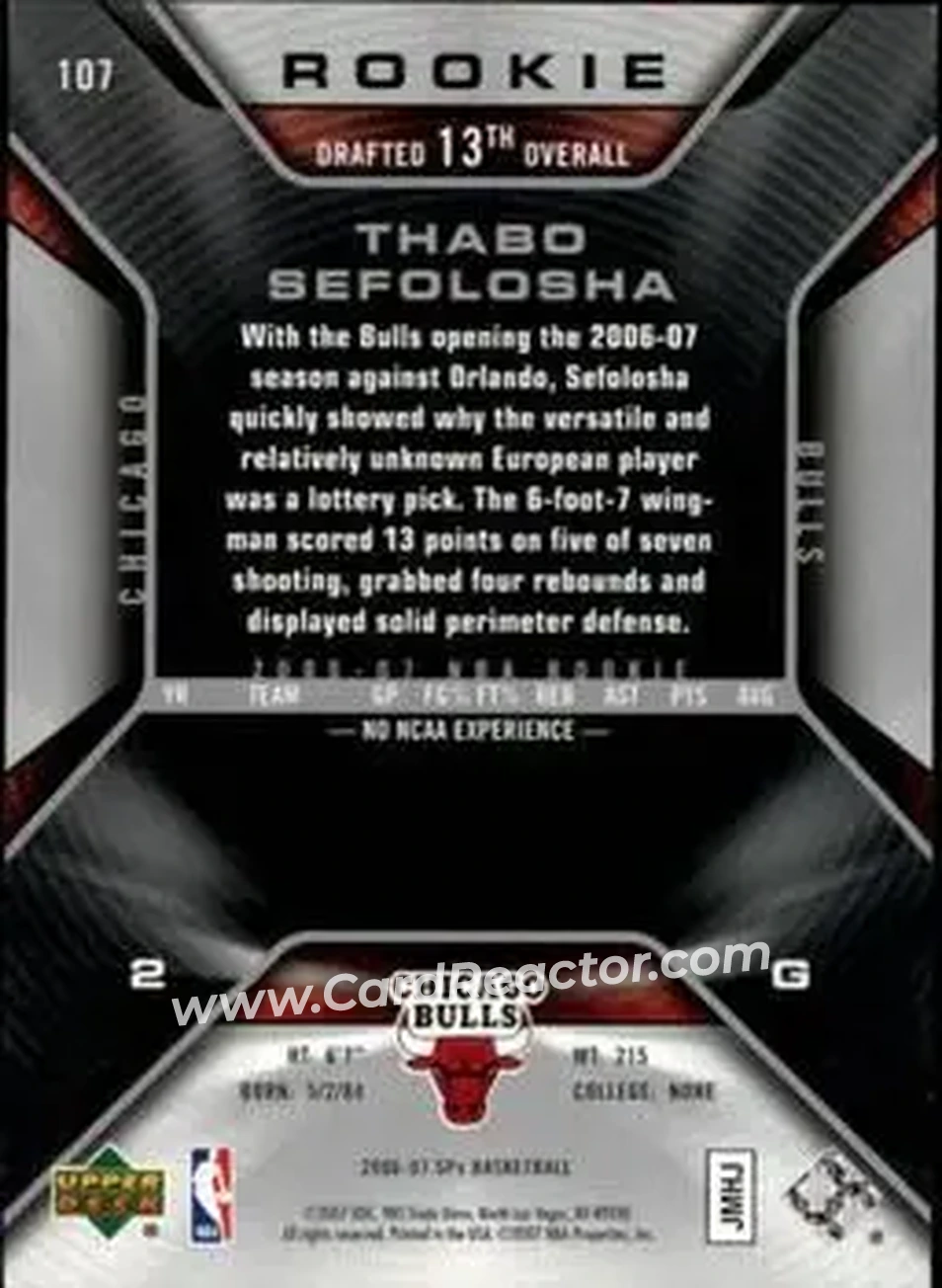 2006-07 SPx #107 - Thabo Sefolosha - Chicago Bulls - Back