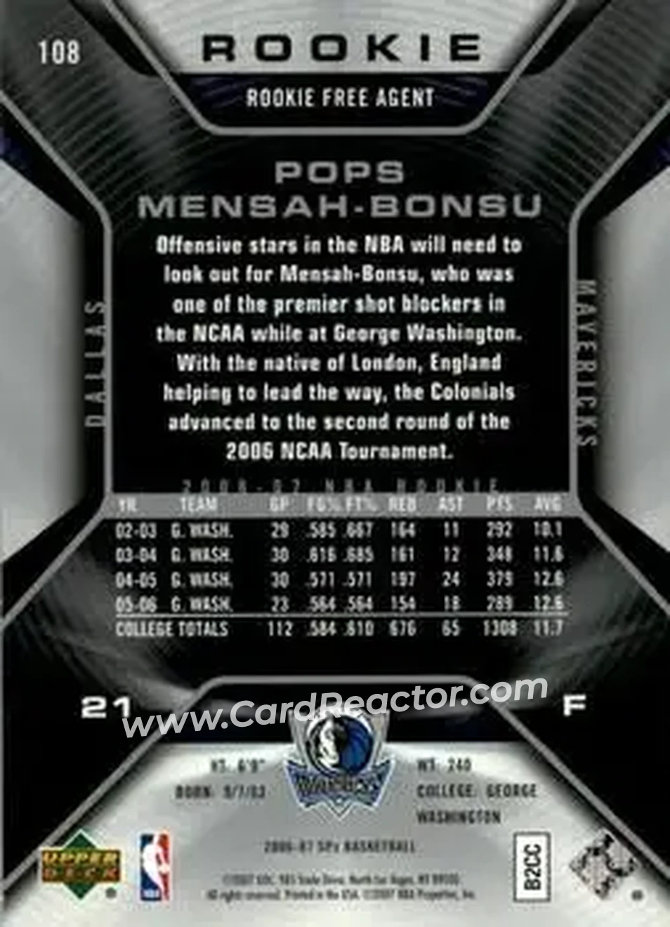 2006-07 SPx #108 - Pops Mensah-Bonsu - Dallas Mavericks - Back