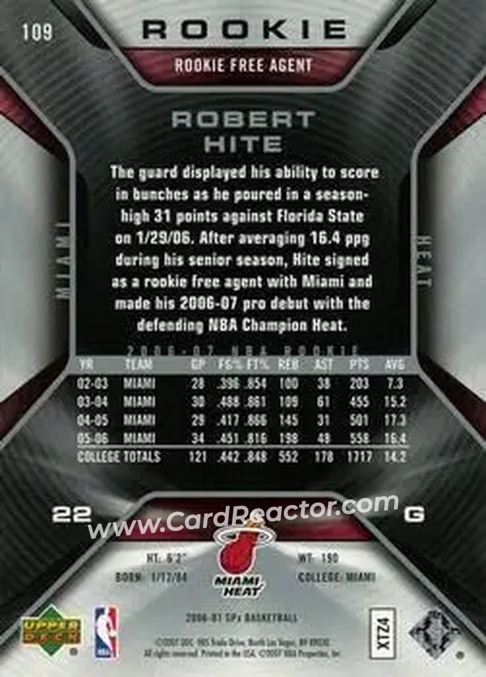 2006-07 SPx #109 - Robert Hite - Miami Heat - Back