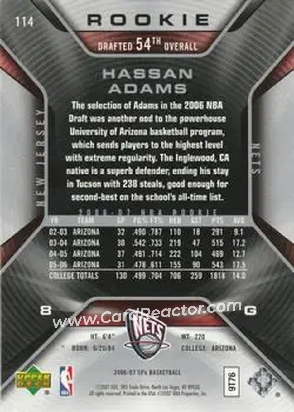 2006-07 SPx #114 - Hassan Adams - New Jersey Nets - Back