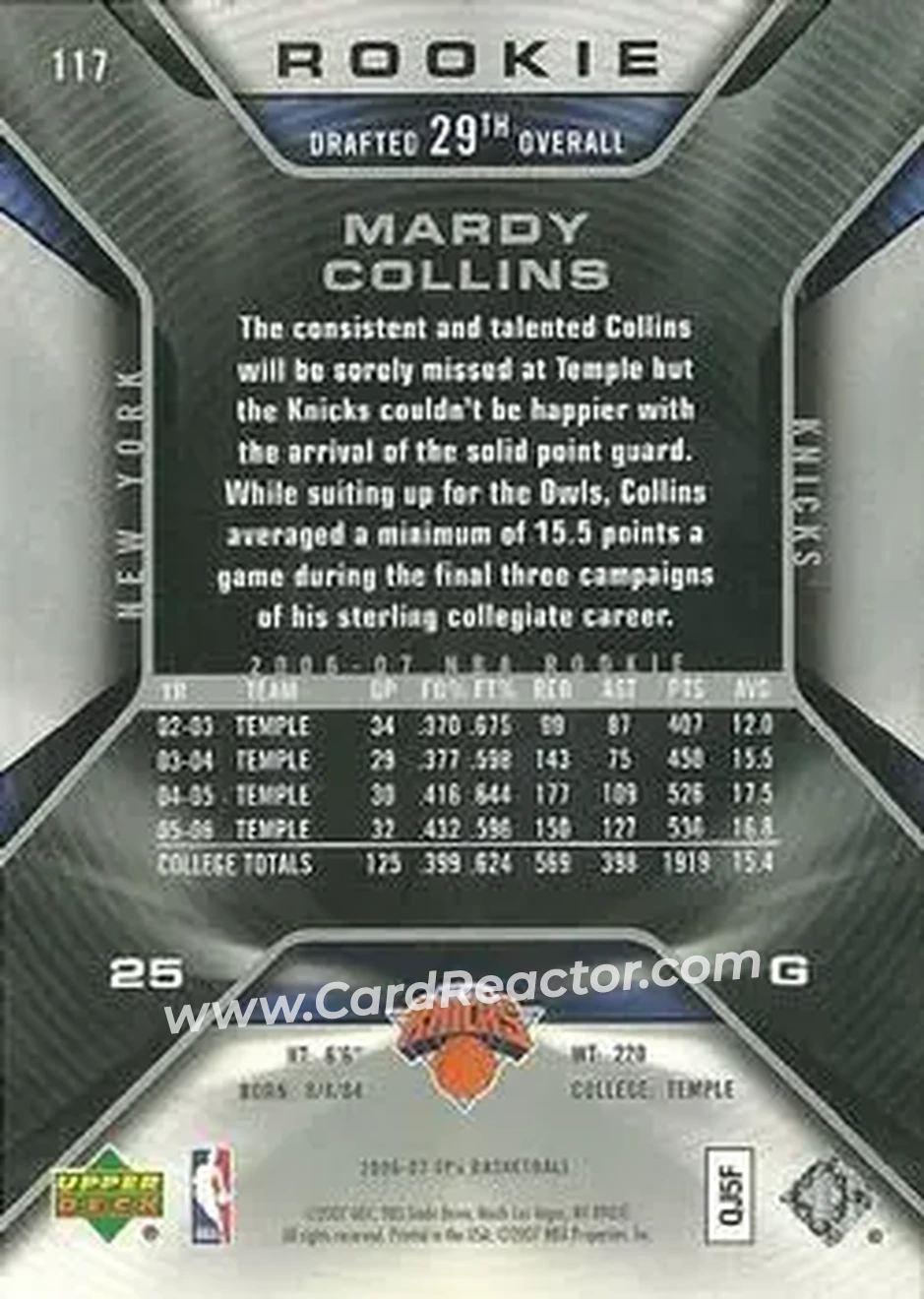 2006-07 SPx #117 - Mardy Collins - New York Knicks - Back