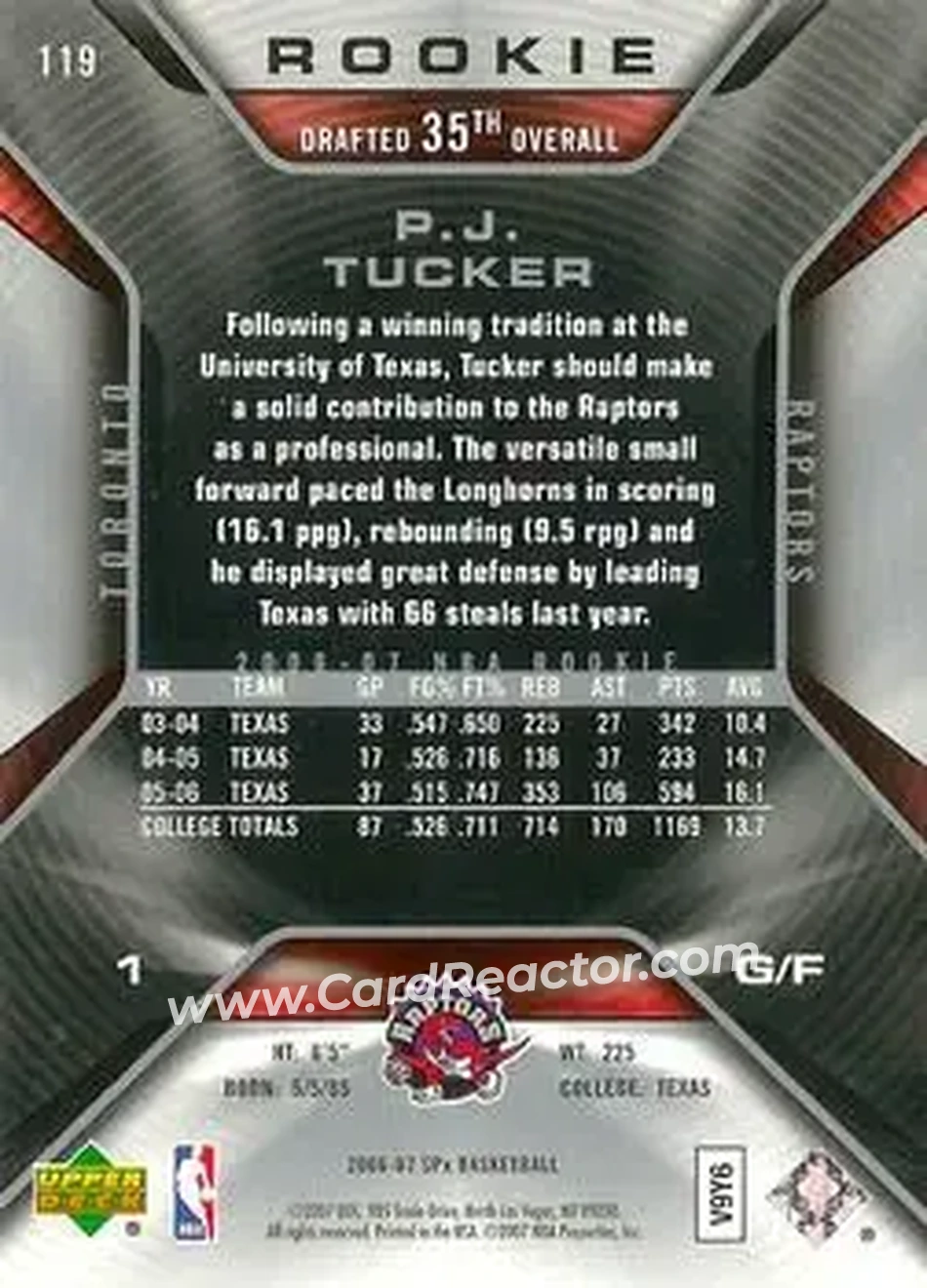 2006-07 SPx #119 - P.J. Tucker - Toronto Raptors - Back