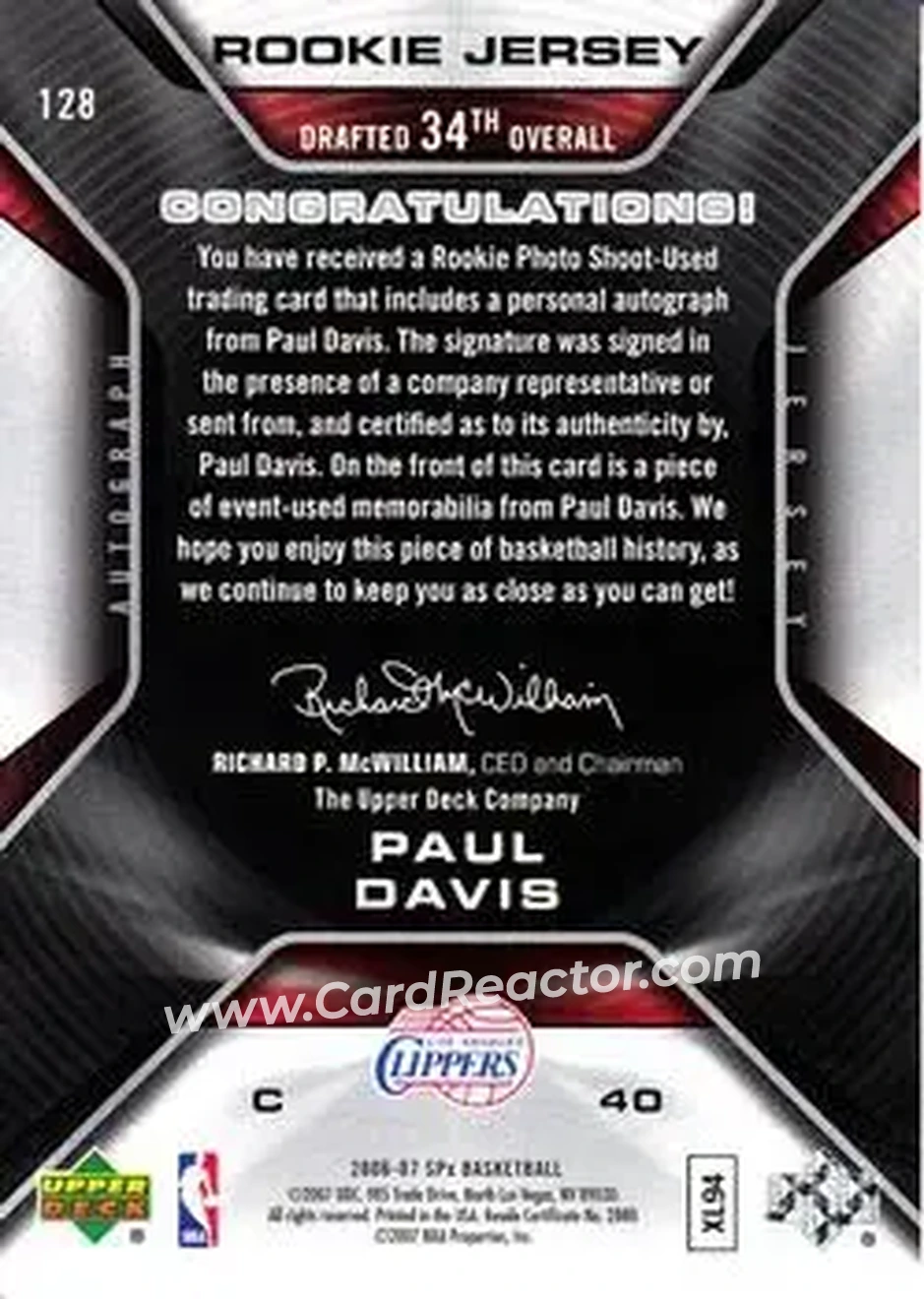 2006-07 SPx #128 - Paul Davis - Los Angeles Clippers - Back