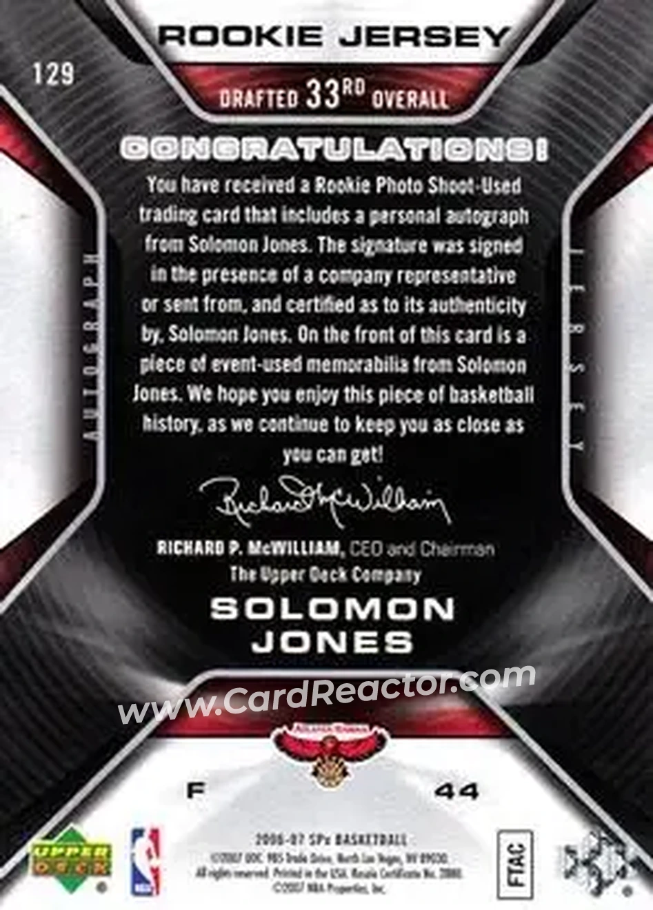 2006-07 SPx #129 - Solomon Jones - Atlanta Hawks - Back