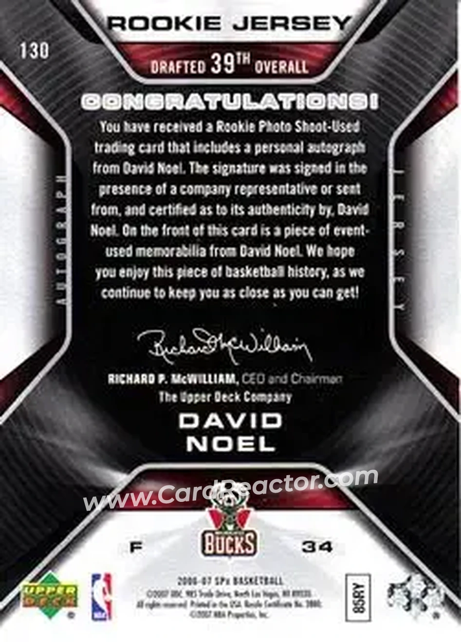 2006-07 SPx #130 - David Noel - Milwaukee Bucks - Back