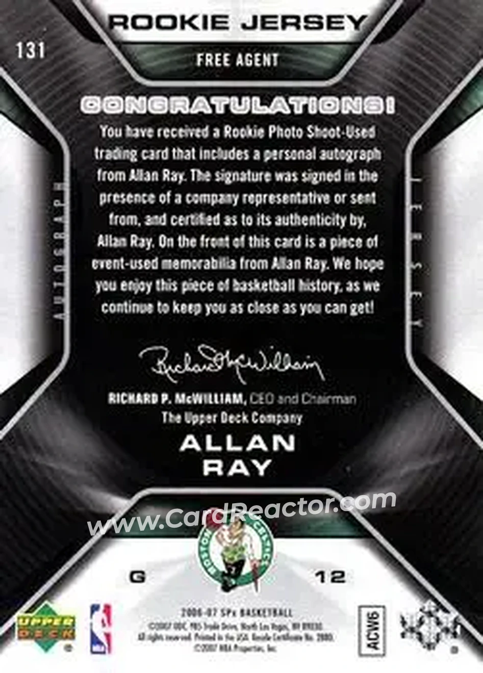 2006-07 SPx #131 - Allan Ray - Boston Celtics - Back