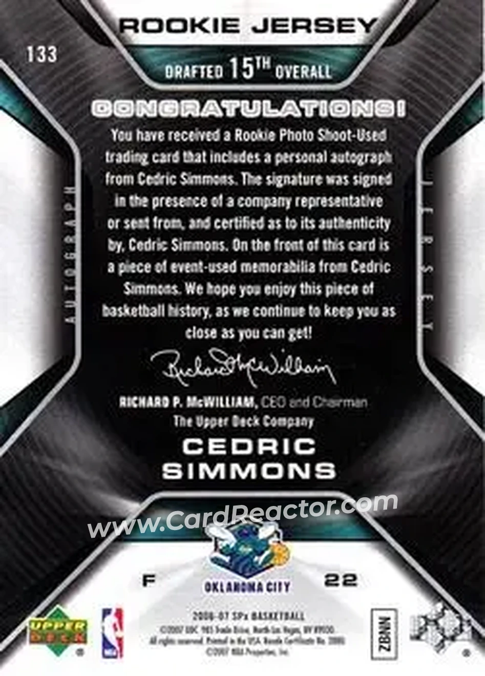 2006-07 SPx #133 - Cedric Simmons - New Orleans Hornets - Back