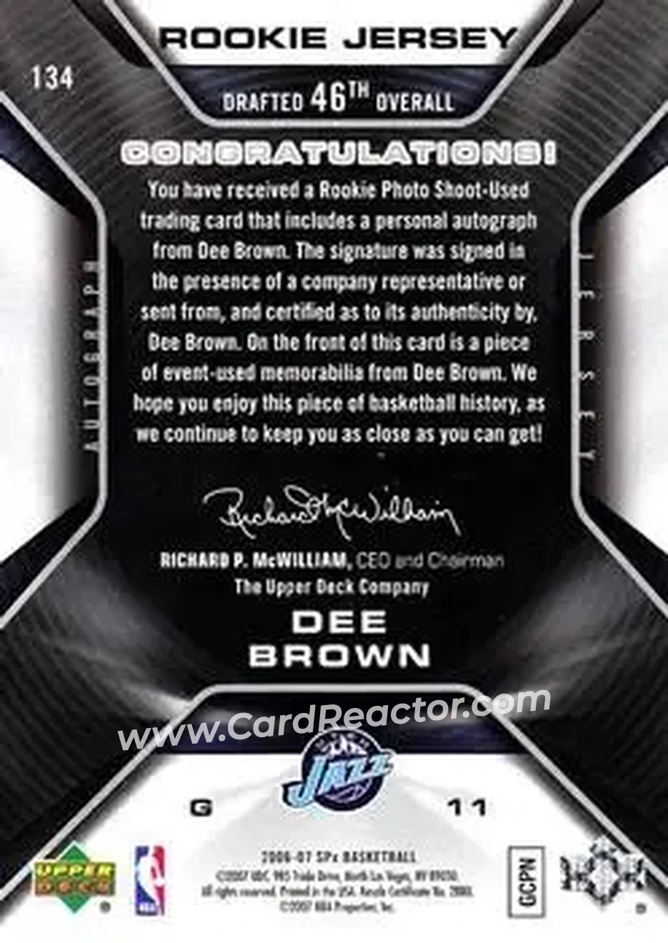 2006-07 SPx #134 - Dee Brown - Utah Jazz - Back