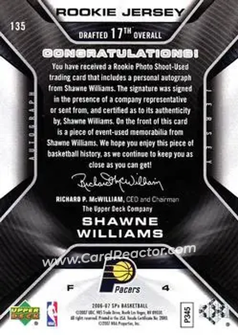 2006-07 SPx #135 - Shawne Williams - Indiana Pacers - Back