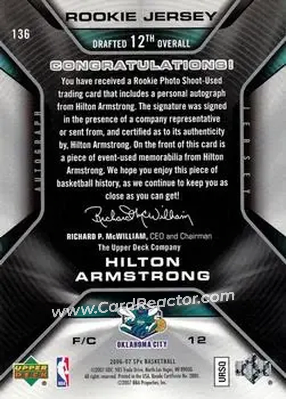 2006-07 SPx #136 - Hilton Armstrong - New Orleans Hornets - Back