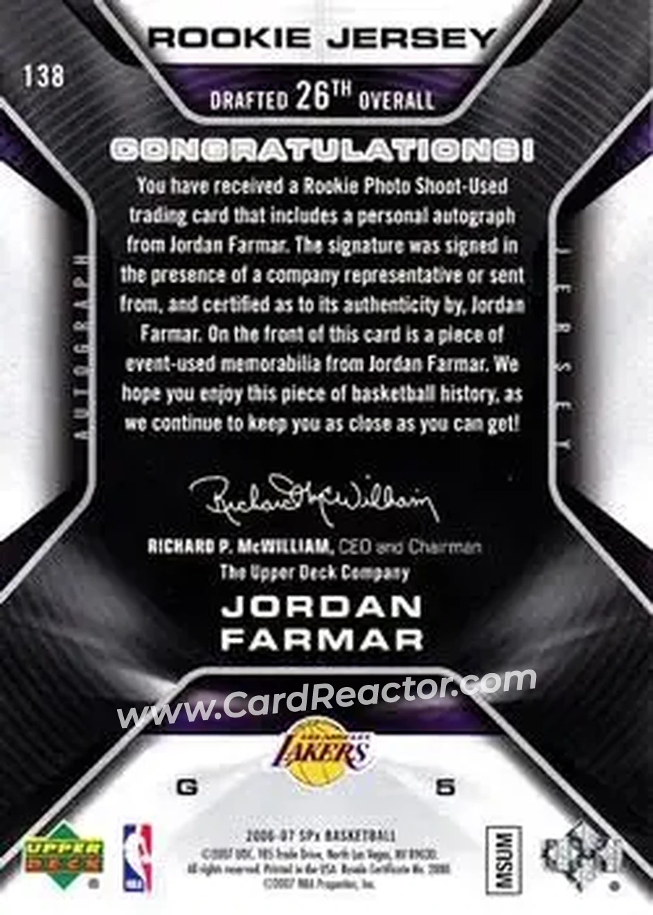 2006-07 SPx #138 - Jordan Farmar - Los Angeles Lakers - Back